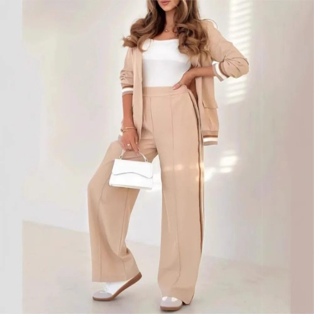 Conjunto de 2 Piezas para Mujer: Chaqueta y Pantalón Rayados con Parches, Atuendo Retro de Oficina