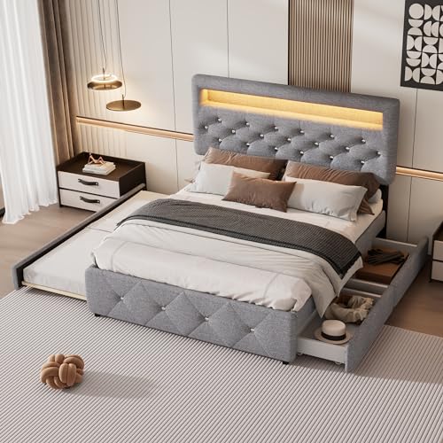 Kebnor 140 x 200 cm (90 x 190 cm), Cama Doble Tapizada con Podio y 2 Cajones, Mesita de Noche con Barra de Luz (Gris)