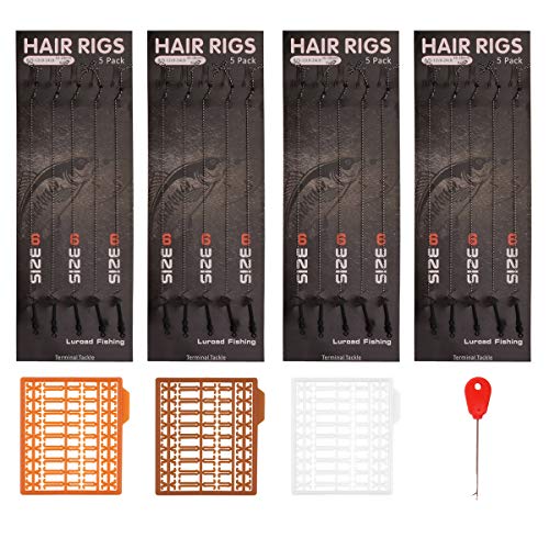 Luroad Carp Fishing Hair Rigs, 20 Pcs Curved Barbed Carp Hook Anti-Tangle Swivel Braided Thread line with 3 Card Boilie Bait Stops Dumbell Stoppers and Stringer Needle (Size 6)