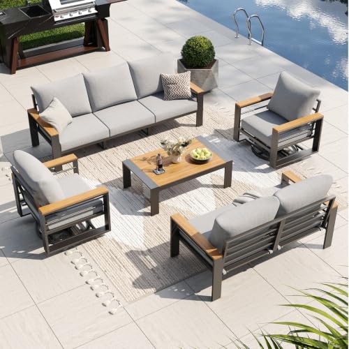Image of Aoxun Aluminum Patio Furniture Set with Swivel Chairs & Fire Pit Table | All Weather Outdoor Sectional with Washable 5 inch Thick Olifen Cushion, Patio Conversation Sets with Coffee Table, 7-Seat