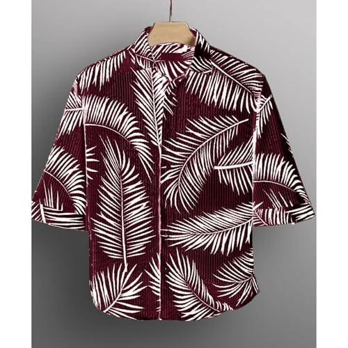 Image of MiraMichi Men's Corduroy Printed Half Sleeve Casual Shirt - Regular Fit Hip Length