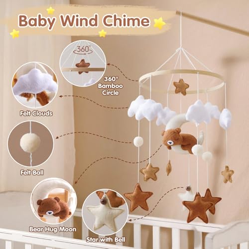 Mobile Babybett, Mobile Baby Windspiele mit 3D Bär Mond Wolken Sterne Glocke, Kinderzimmer Hängende Bettglocke, Handgefertigt Bambus Filz Mobile Baby, Neugeborene Geschenk Junge Mädchen Baby (Braun)