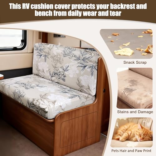 Image of SearchI RV Dinette Cushion Covers, Stretch Camper Cushion Slipcovers for Travel Trailer Couch RV Booth Seat, Replacement Camper Sofa Chair Protector (1 Backrest Cover & 1 Bench Cover, Flower Shadow)