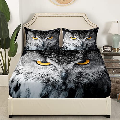 Erosebridal Owl Fitted Sheet Set Safari Animals Bedding Sets Eagle Yellow Eyes Fitted Bed Sheets For Kids Men Boys Bedroom Decor Owl Print Wildlife No Top Flat Sheet With 1 Pillow Case Twin Size #TOP2
