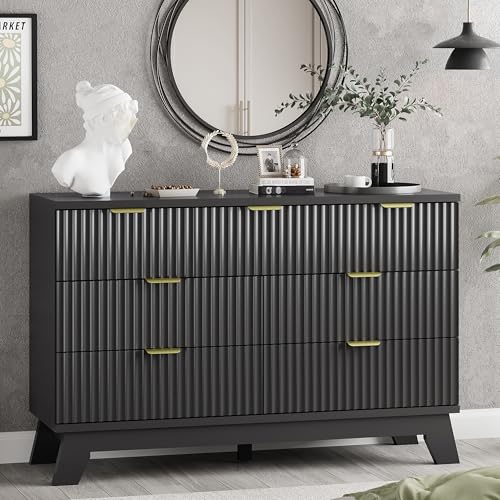 Fluted Dresser for Bedroom with 7 Drawers, 48" Wide Chest of Drawers with Metal Handle, Modern Wood Dresser TV Stand, Wooden Closet Clothes Storage Organizer for Living Room, Hallway, Black