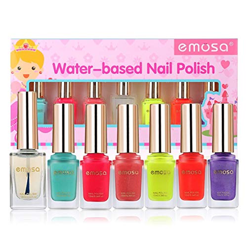 Emosa Nail Polish - Non-Toxic Water Based Peelable Natural, Safe and Chemical Free, Kids Friendly Makeup Set for Little Girls (6 Bright Colors Kit with 1 Top Coat)
