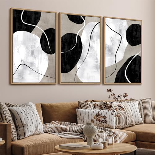 Minimalist Abstract Boho Wall Art - Natural Framed Abstract Canvas Picture Stone Painting Rock Line Artwork Modern Geometric Canvas Prints for Home Wall Decor 24' x 36' * 3 Tan Grey White Black