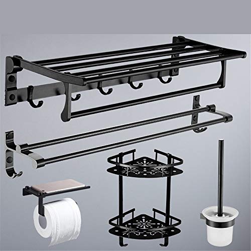T-YSPJ Juego de colgadores de baño en rack de toallero, espacio para toallero de aluminio, negro, sin perforaciones, baño, estante, A7