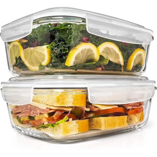 Image of Razab 6.5 Cups / 52 Oz 4 Piece (2 Containers + 2 Lids) Glass Food Storage Containers Set with Airtight Locking Lids - For Storing, Baking & Serving BPA Free, Leakproof - Microwave, Freezer & Oven Safe