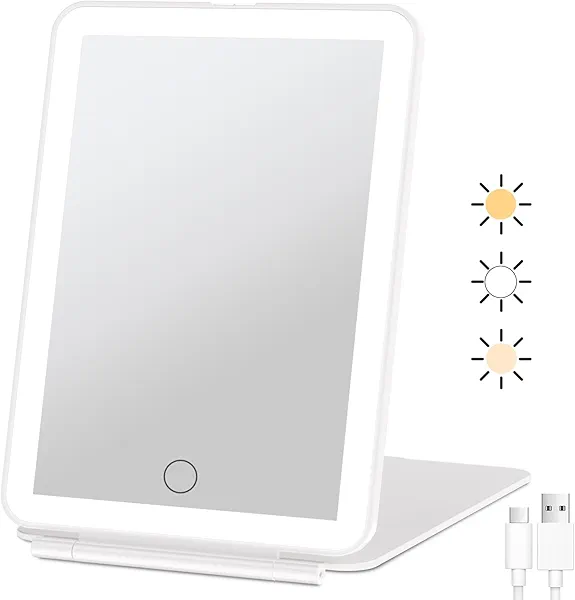 FUNTOUCH Rechargeable Travel Makeup Mirror with 72 Led Lights, Portable Lighted Beauty Mirror, 3 Color Lighting, Dimmable Touch Screen, Tabletop LED Folding Cosmetic Vanity Mirror