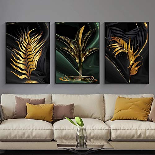 Toile impression abstrait : lot de 3 affiches de feuilles d'or et noir 50x70cm sans cadre