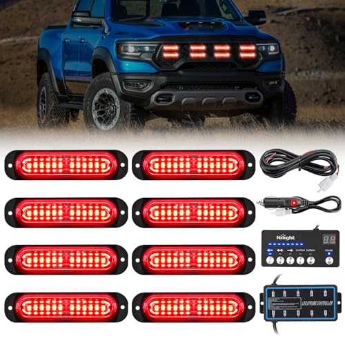 Image of Nilight 8PCS Led Strobe Lights with Controller 12V 24V Sync Feature Red | 12 LED Surface Mount Emergency Hazard Warning Lights with Strobe Controller for Vehicle Car Truck RV ATV