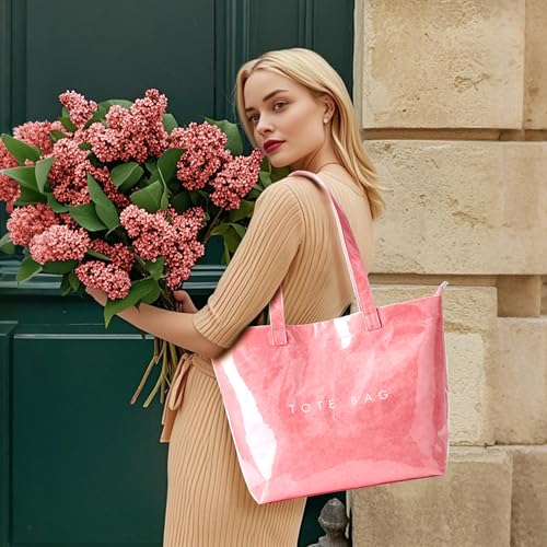 Image of KALIDI PVC Zipper Tote Bag, Jelly Kraft Paper Beach Bag Large Hobo Carry All Travel Shopping Handbag Plastic Shoulder Bag