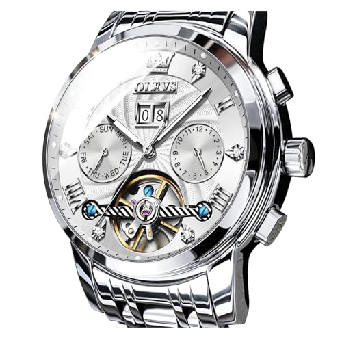 Image of OLEVS Men Automatic Watch Skeleton 5 Hands Mechanical Classic Luxury Multi Calendar Stainless Steel Waterproof Wrist Watch for Men