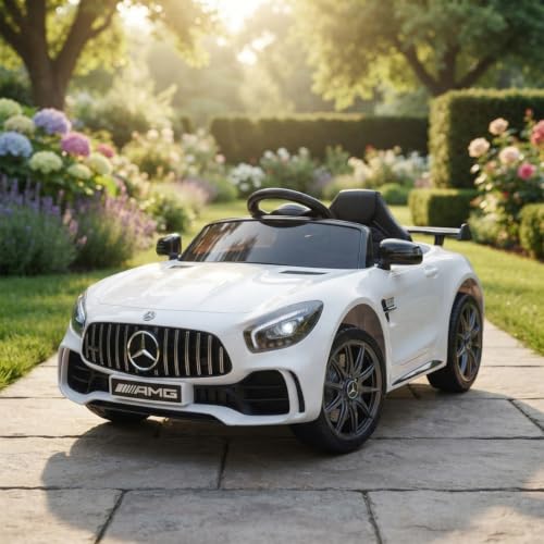 Image of Alivio Mercedes-Benz AMG GT R Licensed Kids Ride on Car, 12V Electric Battery Powered Toy Car with Remote Control, LED Headlights, Safety Belt & Music, White