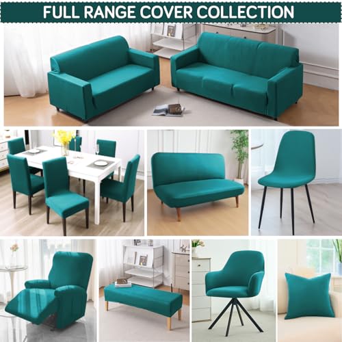 Image of HOKIPO 'SereneSolids' 140 GSM 4-Pieces Elastic Stretchable Recliner Sofa Cover 1 Seater Fully Covered Soft Washable Sofa Slipcovers Furniture Protector, Teal (NEW2-4740-TEAL)