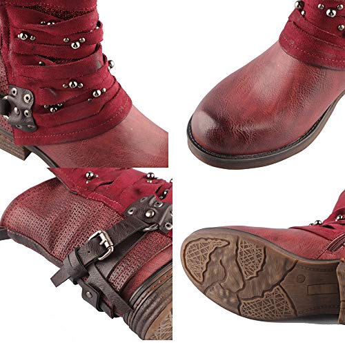Lala Ikai Women Motorcycle Boots Ankle Combat Boots With Studded Low Block Heels Biker Shoes Red Wine #TOP6