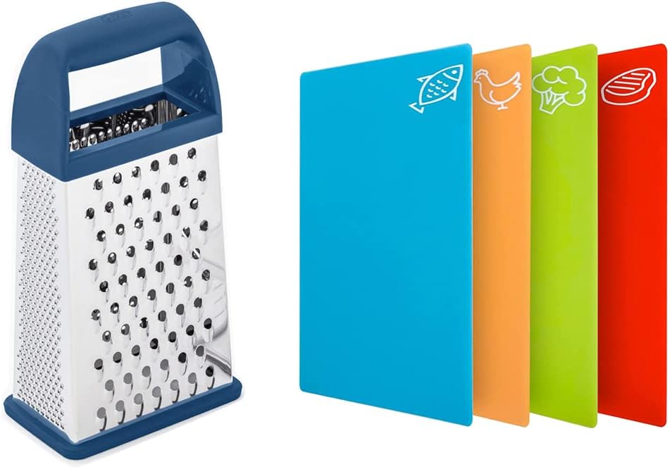 Gorilla Grip Box Grater and Flexible Cutting Boards 4 Pack, Box Grater Has Built in Container in Blue Color, Flexible Cutting Boards are Multicolor, 2 Item Bundle