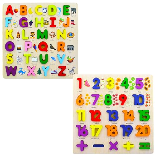WISHKEY 3D Wooden Capital Alphabet & Number Board Puzzles with Pictures,Set of 2 Montessori Educational Learning Letters Toy for Pre Schooler Kids Boys & Girls(Pack of 2, Multicolor)