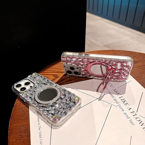 iFiLOVE for iPhone 16 Pro Max Case with Magnetic Mirror Stand, Compatible with MagSafe Luxury Bling Diamond Crystal Rhinestone Phone Case Cover for Girls Women (Clear) by iFiLOVE - Image 4