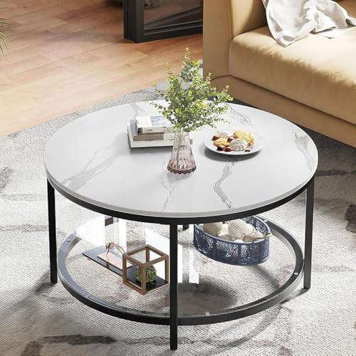 YITAHOME White Marble Round Coffee Table with Glass for Living Room, 2-Tier Circle Coffee Table with Storage Clear Coffee Table, Simple Modern Center Cocktail Table White & Black