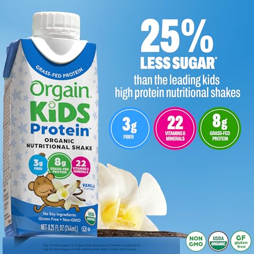 Image of Orgain Organic Kids Nutritional Protein Shake, Vanilla, Healthy Kids Snacks, 8g Dairy Protein, 3g Fiber, 22 Vitamins & Minerals, No Soy ingredients, Gluten Free, Non-GMO, 8.25 Fl Oz (Pack of 12)