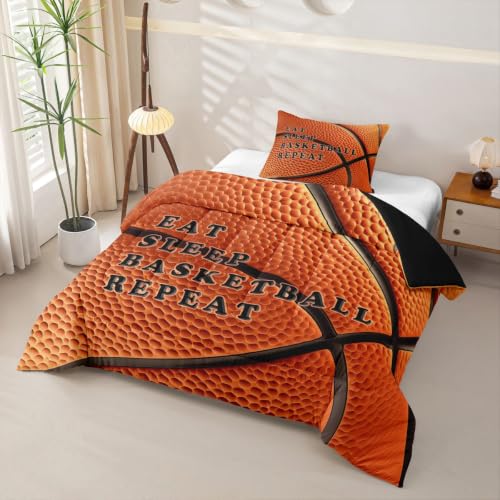 Image of Feelyou Basketball Comforter Set Twin Size Ball Pattern Bedding Set for Kids Boys Girls Eat Sleep Sports Theme Duvet Quilt Bedroom Decor Microfiber 2 Pcs with 1 Pillow Case