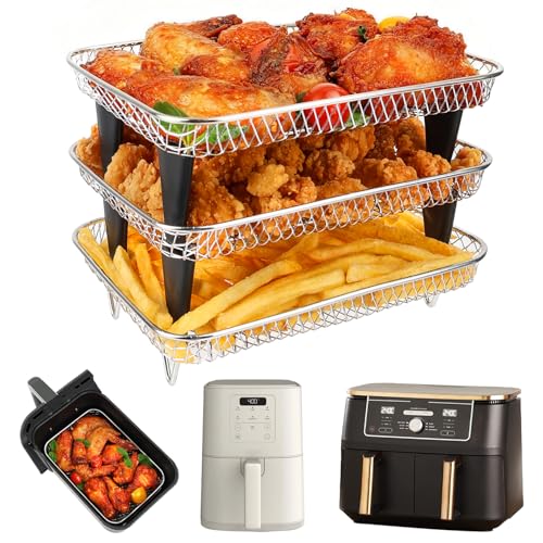 BYKITCHEN Air Fryer Rack for Ninja 8 QT DZ201/ SL201 DualZone Airfryer/Bella 4QT Slim Airfryer&More, 3pcs Stackable Stainless Steel Dehydrator Rack with Silicone Feet, Ninja Air Fryer Accessories