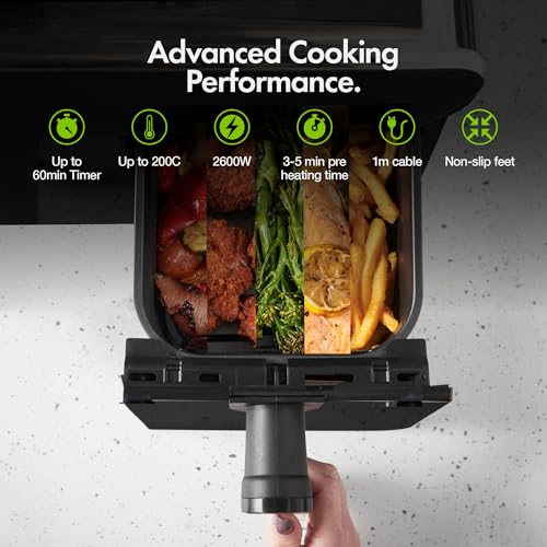 VonShef Dual Air Fryer 9L - Family Size Double Airfryer, XL Capacity, 10-in-1, 2 Drawers & Silicone Liners, LED Display, Sync Cook & Smart Finish, 60-Min Timer, Dishwasher-Safe, Healthy Cooking, 2600W - Image 6
