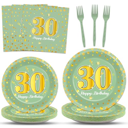 96Pcs Green Gold 30th Birthday Party Plates and Napkins for Women Men Sage Green 30 Year Old Birthday Party Supplies Themed Paper Dessert Plates Tableware Set for 24 Guests Party Decorations
