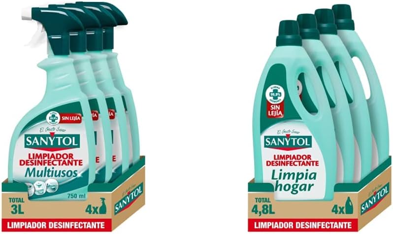 Sanytol - Multi-Purpose Disinfectant Cleaner, Removes Bacteria, Fungi and Viruses Without Bleach, Eucalyptus Perfume - Pack of 4 x 750 ml = 3L & - Household Cleaner Disinfectant Bottle-Pack of 4 x