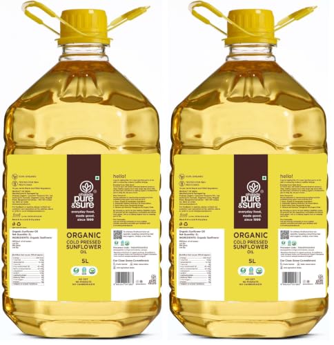 Image of Pure & Sure Organic Cold Pressed Sunflower Oil 5L | For Cooking | Extracted on Wooden Churner | Nutrient Rich & Chemical Free (Pack of 2)