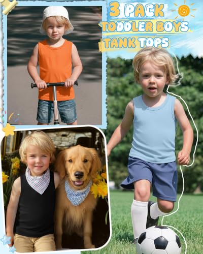 Image of Yooo's Vivi 3 Pack Toddler Boys Tank Tops | Toddler Boys Undershirts, 18M-5T, Sleeveless Muscle Shirt, Kids Athletic Tops, Crewneck, Summer, Loose, Basic, Sport, Play