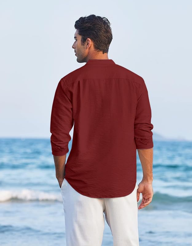 Image of Macsivo Men's Cotton Blend Henley Short Kurta with Mandarin Collar Long Sleeeve Button Closure Curved Hem Regular Fit | Kurta for Men Stylish