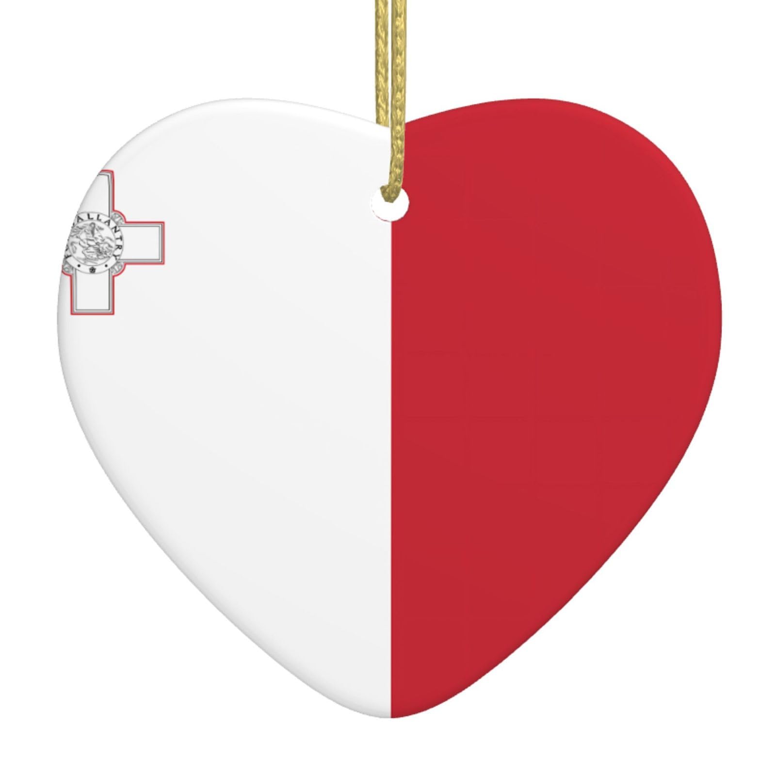 Flag of Malta Ceramic Christmas Heart Pendant with Silk Thread, Christmas Tree Home Decoration
