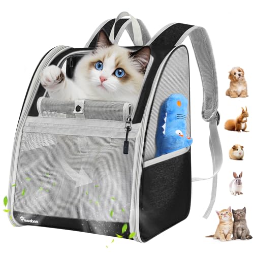 Pawaboo Cat Carrier Backpack, Pet Carrier Backpack for Kitties Small Dogs Puppies, Breathable Cat Bag Carrier, Small Dog Travel Backpack Carrier for Kitten Puppy Bunny - Black (up to 22lbs)