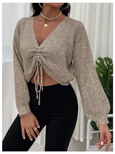 WDIRARA Women's Drawstring V Neck Sweater Long Sleeve Pullover Knit Crop Top2