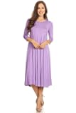 Women's Loose 3/4 Sleeve Midi Shift Below Knee Trapeze Dress Made in USA (Medium, Lilac)