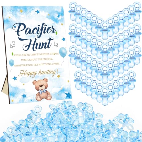 Image of Thyle 51 Pcs Blue Bear Pacifier Hunt Baby Shower Games Include Neutral Bear Themed Hunt Sign and 50 Acrylic Pacifiers for Blue and Brown Baby Shower Game Decoration Gift Sets Gender Reveal Party Decor