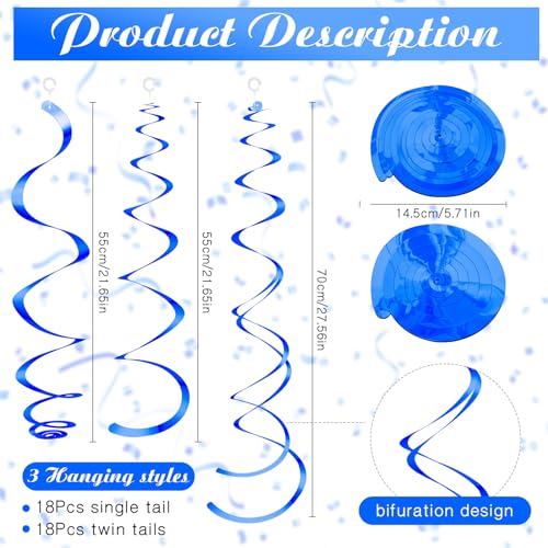 Image of 36 Pcs Hanging Swirl Party Decorations Plastic Streamer Swirls Spiral Party Decorations for Ceiling Birthday Wedding Baby Shower Graduation(Blue)