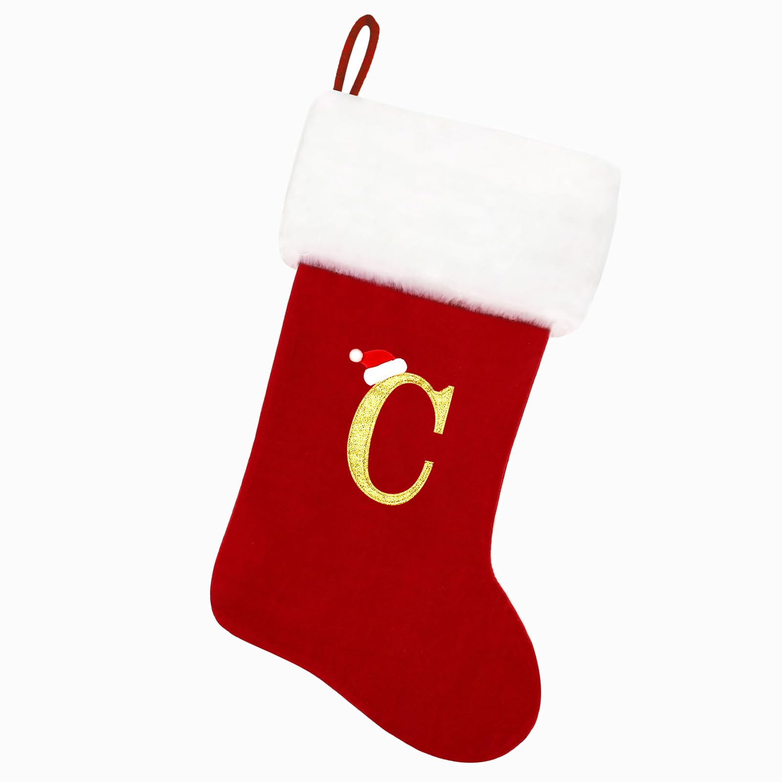 Tokforty 20 Inches Red Velvet with White Super Soft Plush Cuff Monogram Christmas Stockings, Xmas Personalized Embroidered Letter Stockings for Family Holiday Decorations and Xmas Tree Fireplace(C)