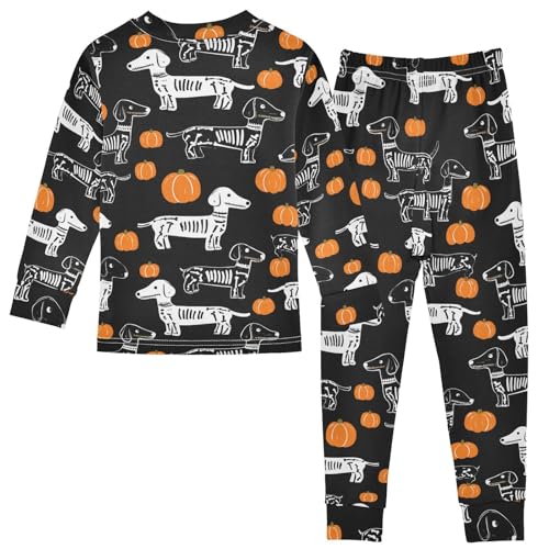 Fustylead Black and White Skeleton Dachshund and Pumpkin Cotton Pajamas Long Sleeve Sleepwear Lounge Set2