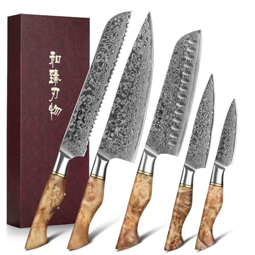 HEZHEN Damascus Kitchen Knives Set, Damascus Steel Japanese Style Chef Knife Utility Knife Santoku...