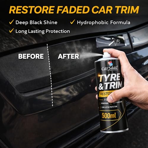 Image of CAR SAAZ Tyre & Trim Restorer Spray 500ml | Tyre Shine, Plastic & Rubber Restorer for Car, Bike | Revives Faded Tyres, Trim & Bumpers | UV Shield, Restores Gloss, Protects from Fading
