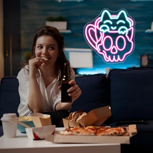 Image of Neon Sign, JGHTURIE Cup Neon Signs for Wall Decor Funny Skull Cat Light Up Sign USB Powered Pink Led Signs for Man Cave Business Coffee Cafe Shop Bakery Hotel Store