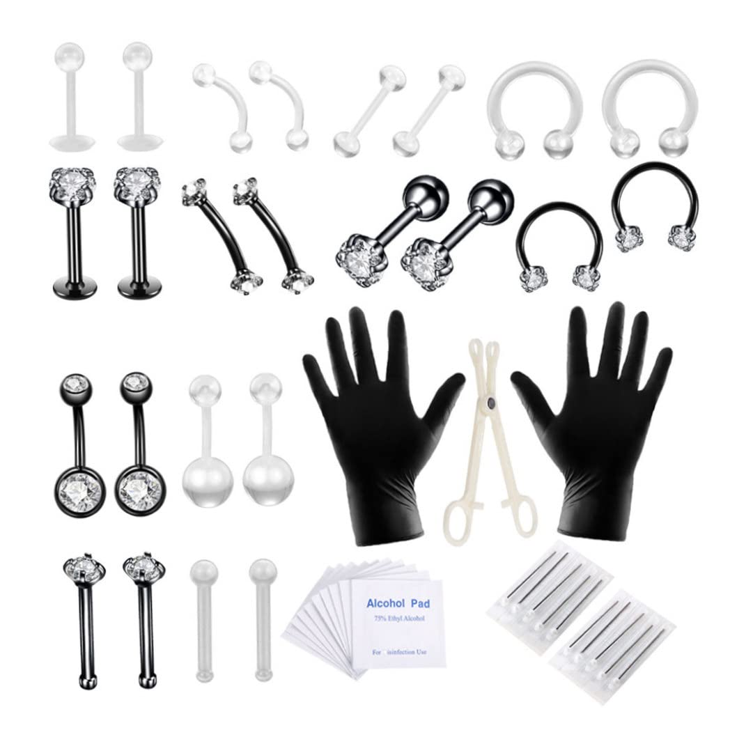 Body Piercing Kit Stainless Steel Tongue Rings Belly Button Piercing Jewelry Black 47PCS