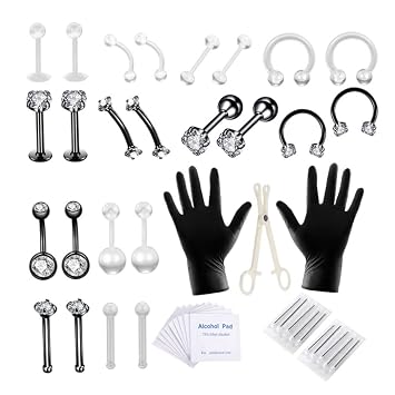 Body Piercing Kit Stainless Steel Tongue Rings Belly Button Piercing Jewelry Black 47PCS