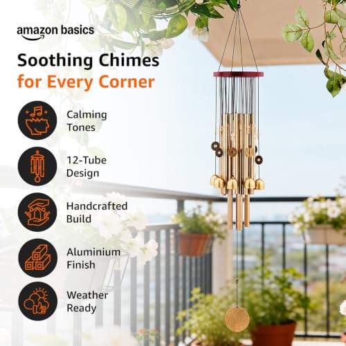 Image of Amazon Basics Decorative Wind Chimes for Balcony, Home & Garden | Pleasant Sound | Handcrafted | Metal Chime for Home Decor & Gifting | Color Gold | Material: Aluminum | Size: 79L x 13W x 13H cms