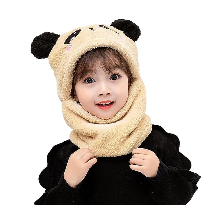 Kids Winter Monkey Beanie Cap Neck Scarf Set for Baby Boy Girls Soft Wool Velvet Plush Cute Cartoon Animal Panda Design Woolen Hat for Kids Toddler | Age 2 to 6 Years