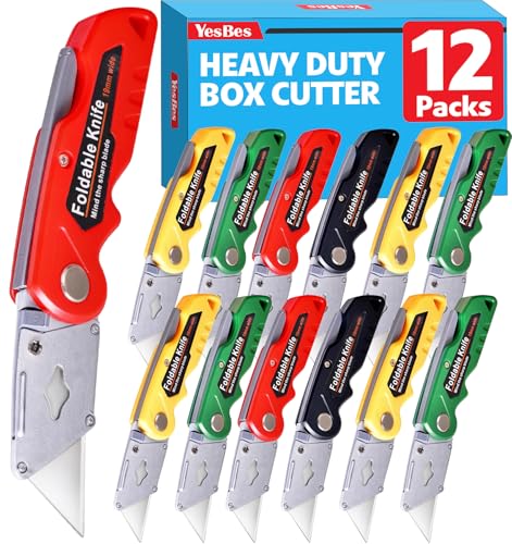 12 Pack Box Cutter Folding Utility Knife with Extra 20Pcs Blades Box Cutters with Comfortable Handle Razor Sharp Blade for Cartons Cardboard Boxes and Rope